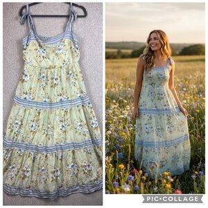 Sweet Wanderer prairie style maxi dress XL tiered floral boho tie shoulder